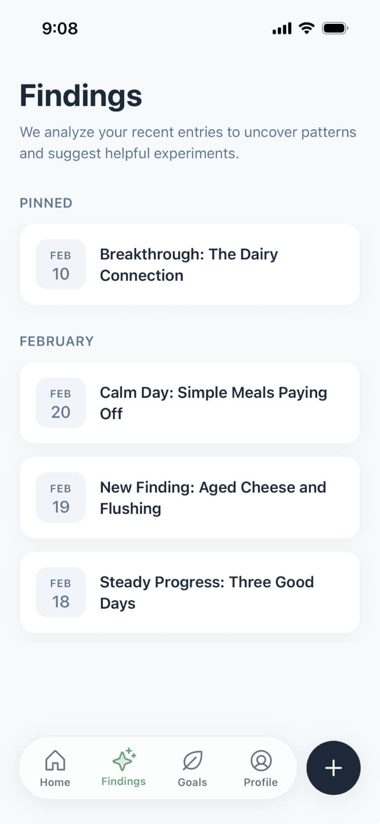 Daily insights showing patterns in your meals and symptoms