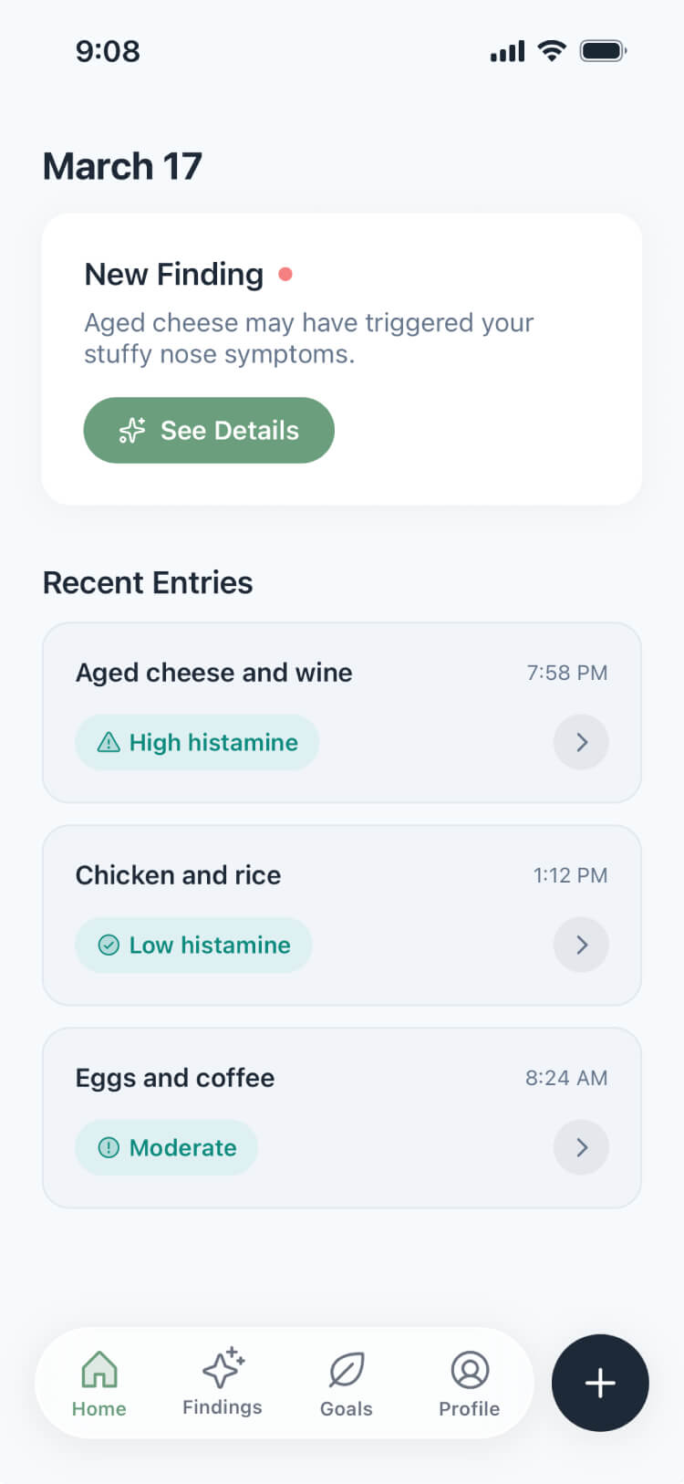 Histamine Tracker app - Track your day screen